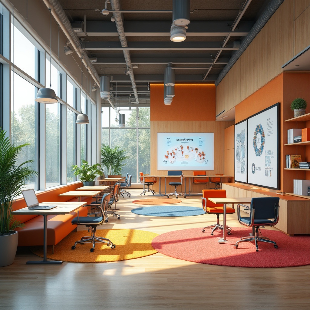 Prompt: Vibrant learning hub, modern minimalist furniture, interactive whiteboards, collaborative workstations, comfortable seating areas, abundant natural light, floor-to-ceiling windows, warm wood accents, colorful rugs, inspirational quotes, educational graphics, 3D visualization tools, futuristic lighting fixtures, sleek metal shelves, ergonomic chairs, flexible modular layouts, open communication spaces, creative brainstorming zones, stimulating color schemes, harmonious textures, shallow depth of field, panoramic view, realistic renderings.