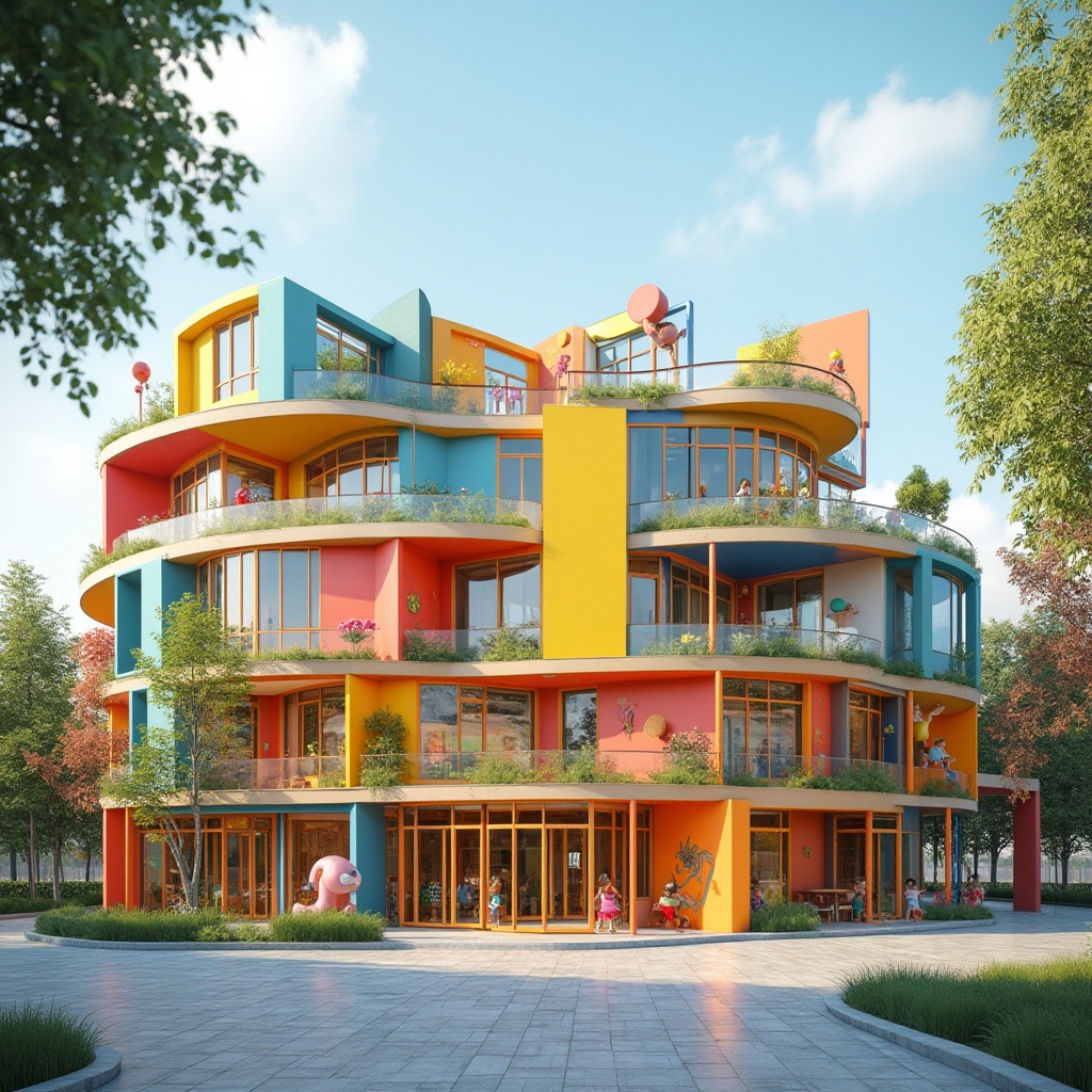 Prompt: Vibrant kindergarten facade, bold color blocking, playful geometric patterns, modernist architecture, curved lines, irregular shapes, transparent glass walls, minimalist steel frames, cantilevered roofs, rooftop playgrounds, greenery installations, natural stone accents, bright LED lighting, shallow depth of field, 1/1 composition, symmetrical view, high-contrast textures, ambient occlusion, educational signage, interactive murals, whimsical sculptures.