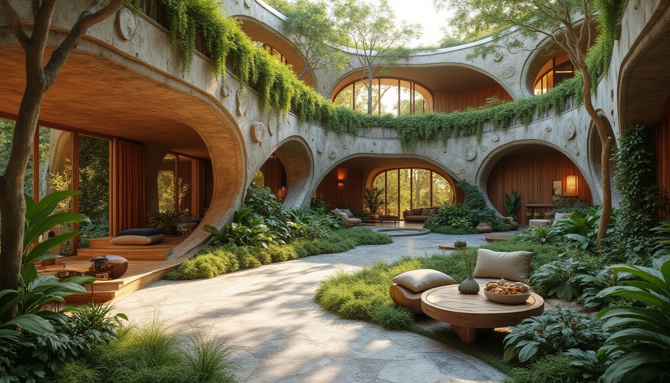 Prompt: Organic curves, botanical gardens, lush green walls, reclaimed wood accents, natural stone fa\u00e7ades, earthy color palette, living roofs, rainwater harvesting systems, solar panels, biophilic design, airy atriums, open floor plans, minimalist decor, woven textiles, handcrafted furnishings, warm ambient lighting, soft shadows, 1/2 composition, shallow depth of field, realistic renderings.