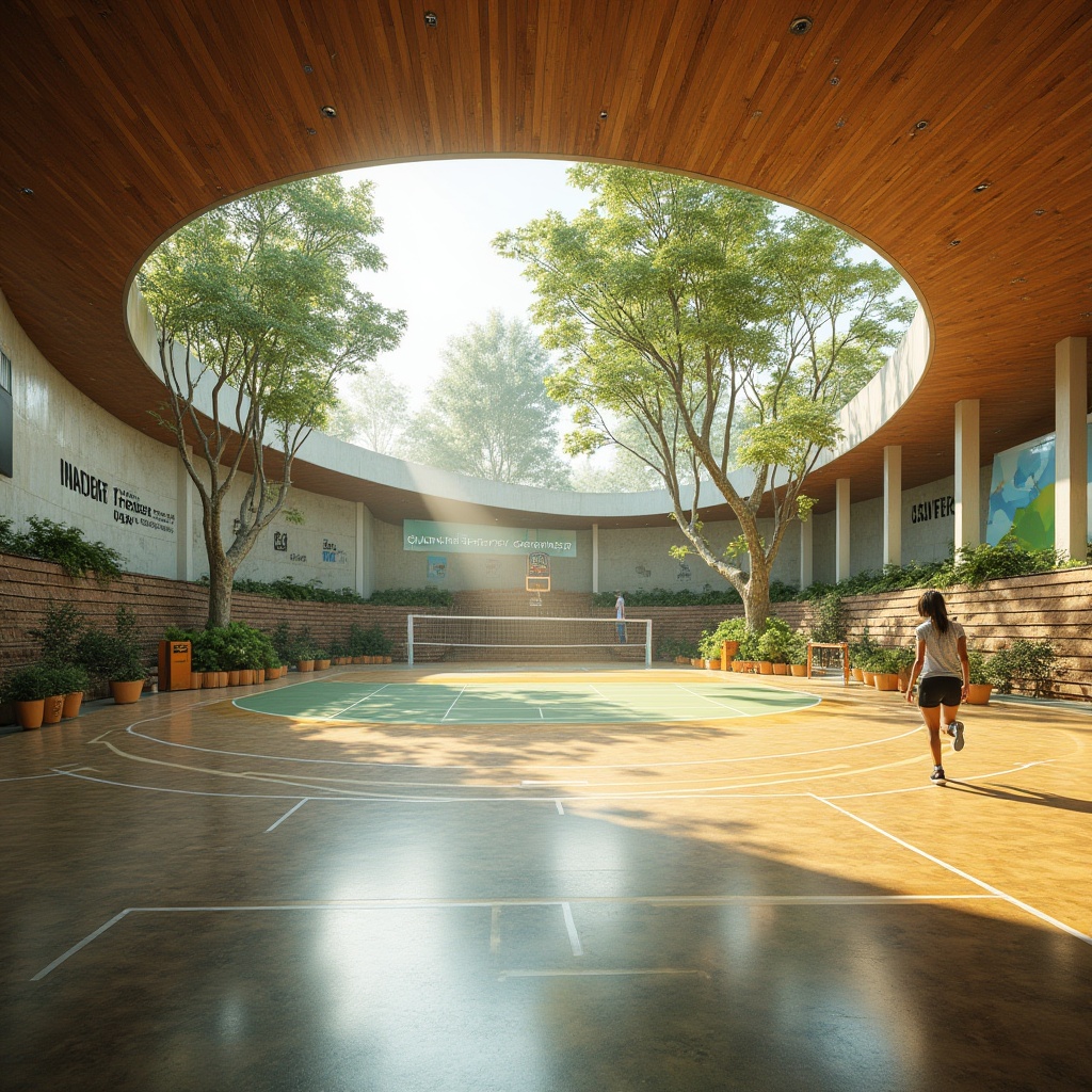 Prompt: Eco-friendly gymnasium, natural ventilation systems, recycled rubber flooring, reclaimed wood accents, energy-efficient lighting, solar panels, green roofs, living walls, organic shape buildings, modern minimalist design, open-air courtyard, athletic tracks, basketball courts, volleyball nets, exercise equipment, motivational quotes, inspirational murals, natural stone columns, wooden bleachers, floor-to-ceiling windows, abundant daylight, soft warm ambiance, shallow depth of field, 3/4 composition, realistic textures, ambient occlusion.