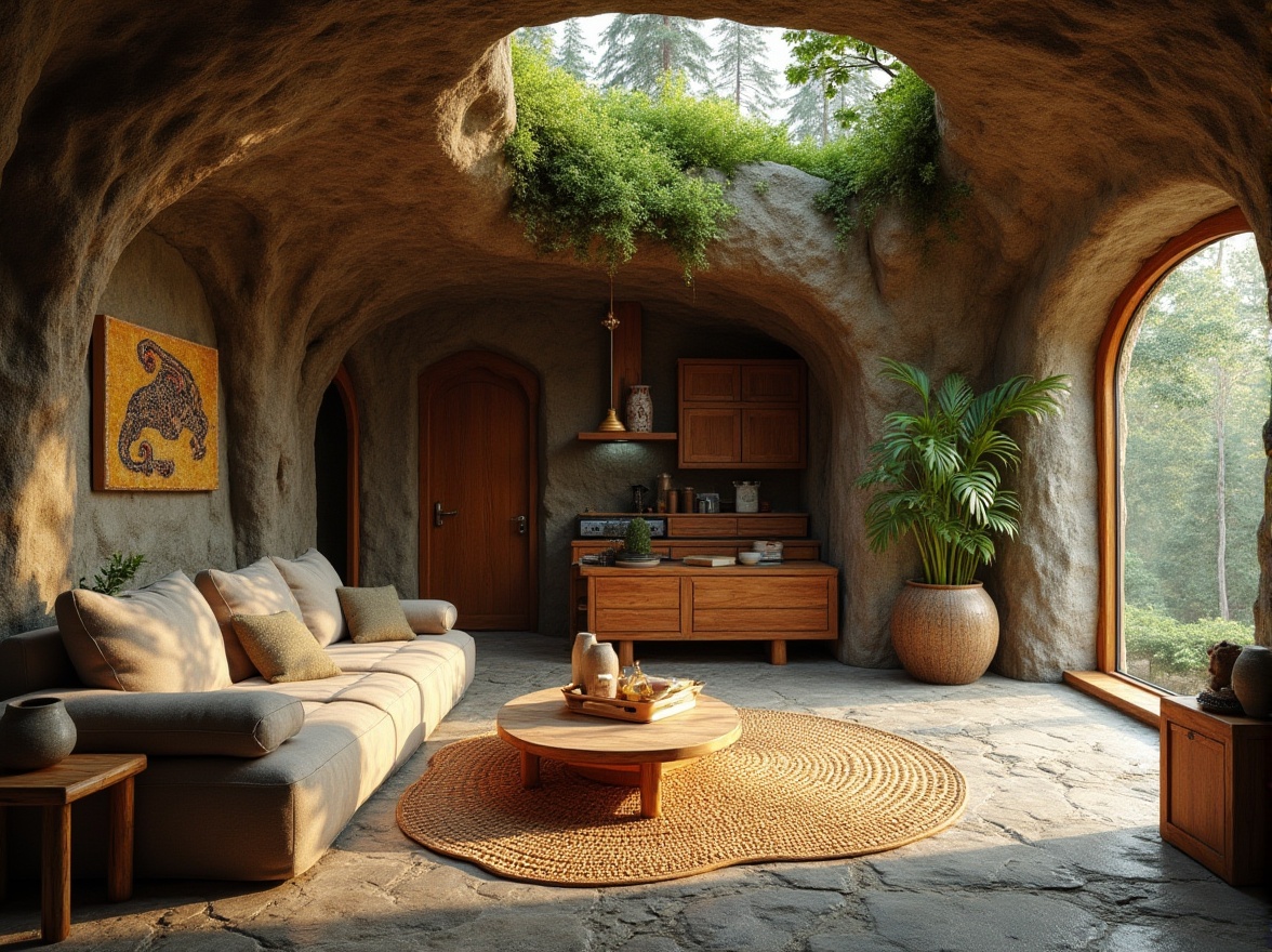 Prompt: Earthy cabin, reclaimed wood accents, rustic stone walls, woven bamboo furniture, natural fiber rugs, earthy color palette, moss-covered roofs, living green walls, organic shapes, unique architectural details, soft warm lighting, shallow depth of field, 3/4 composition, panoramic view, realistic textures, ambient occlusion.