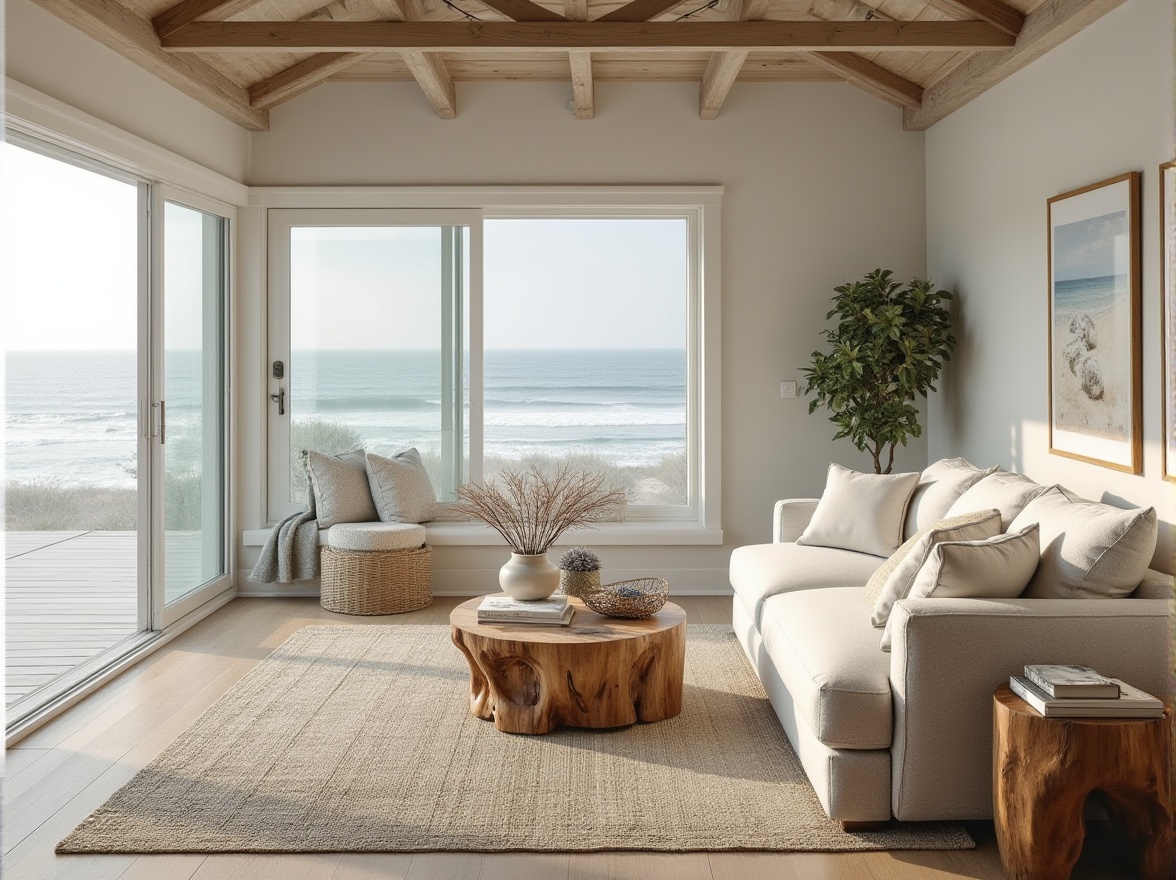 Prompt: \Soothing coastal living room, plush sectional sofas, driftwood coffee tables, natural fiber rugs, calming ocean views, floor-to-ceiling windows, sliding glass doors, beachy color palette, soft creamy whites, blues and sandy neutrals, textured linen upholstery, woven sea grass baskets, coral-inspired decorative accents, warm task lighting, ambient coastal sounds, 1/1 composition, realistic wood textures, subtle foggy atmosphere.\