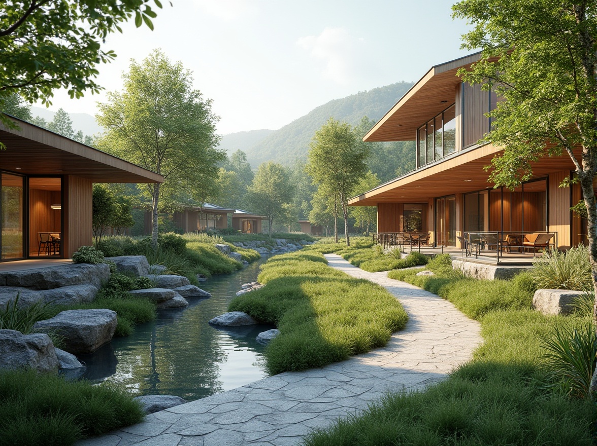 Prompt: Harmonious site integration, lush vegetation, meandering walkways, natural stone retaining walls, outdoor seating areas, scenic overlooks, building entrances with cantilevered canopies, modern architecture with green roofs, solar panels, rainwater harvesting systems, permeable pavers, native plant species, contextual material palette, seamless indoor-outdoor transitions, soft warm lighting, shallow depth of field, 3/4 composition, panoramic view, realistic textures, ambient occlusion.