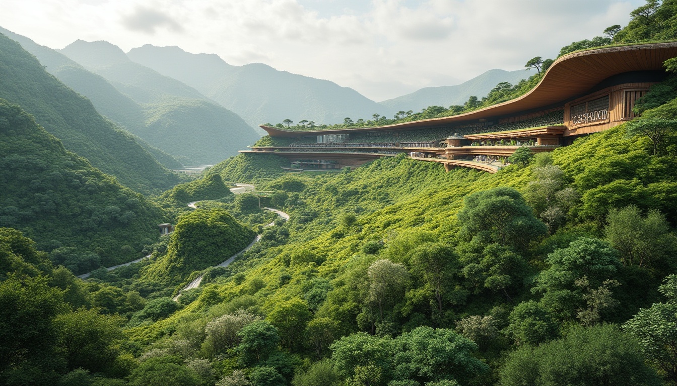 Prompt: Natural hillside, lush greenery, curved stadium architecture, integrated landscape design, rolling hills, meandering walkways, native plant species, organic shapes, earthy tones, natural stone walls, wooden accents, cantilevered roofs, panoramic views, atmospheric lighting, shallow depth of field, 3/4 composition, realistic textures, ambient occlusion.