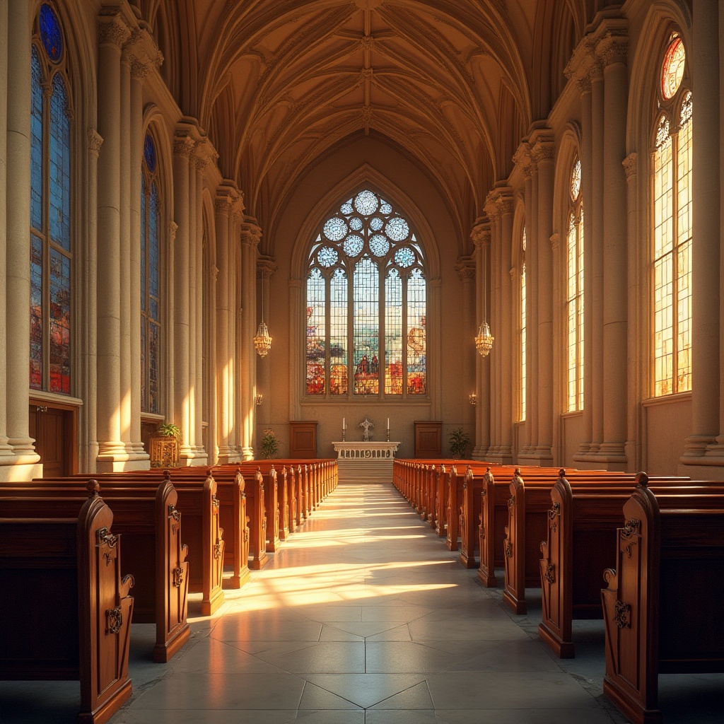 Prompt: Serene chapel interior, warm beige stone walls, rich wood accents, stained glass windows, vibrant blue and red hues, soft golden lighting, ornate metalwork, intricate carvings, grand vaulted ceilings, symmetrical composition, dramatic shadows, realistic textures, ambient occlusion, peaceful atmosphere, reverent mood, subtle color gradations, harmonious palette, spiritual ambiance.