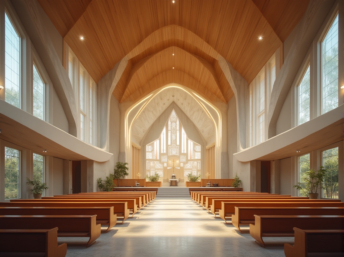 Prompt: Contemporary church architecture, sweeping curves, grand entranceways, stained glass windows, minimalist interior design, natural stone flooring, wooden accents, vaulted ceilings, dramatic lighting effects, abstract sculptures, sacred symbols, peaceful ambiance, soft warm illumination, subtle shadows, 1/2 composition, shallow depth of field, realistic textures, ambient occlusion.