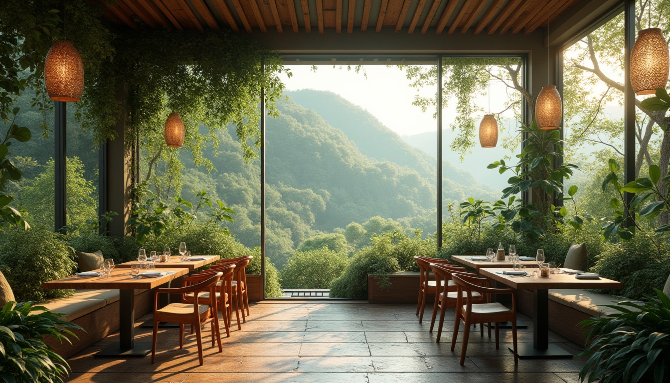 Prompt: Vibrant dining hall, lush green walls, living plants, natural stone flooring, wooden tables, comfortable seating, floor-to-ceiling windows, panoramic views, serene outdoor landscape, rolling hills, misty forests, tranquil water features, soft warm lighting, shallow depth of field, 3/4 composition, realistic textures, ambient occlusion.