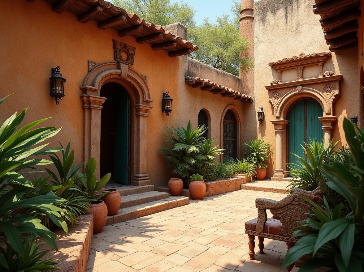 Prompt: Traditional Mexican architecture, rustic Chukum walls, earthy tones, natural textures, organic forms, Mayan-inspired patterns, vibrant turquoise accents, lush greenery, tropical plants, warm sunny day, soft diffused lighting, shallow depth of field, 1/2 composition, realistic rendering, ambient occlusion.