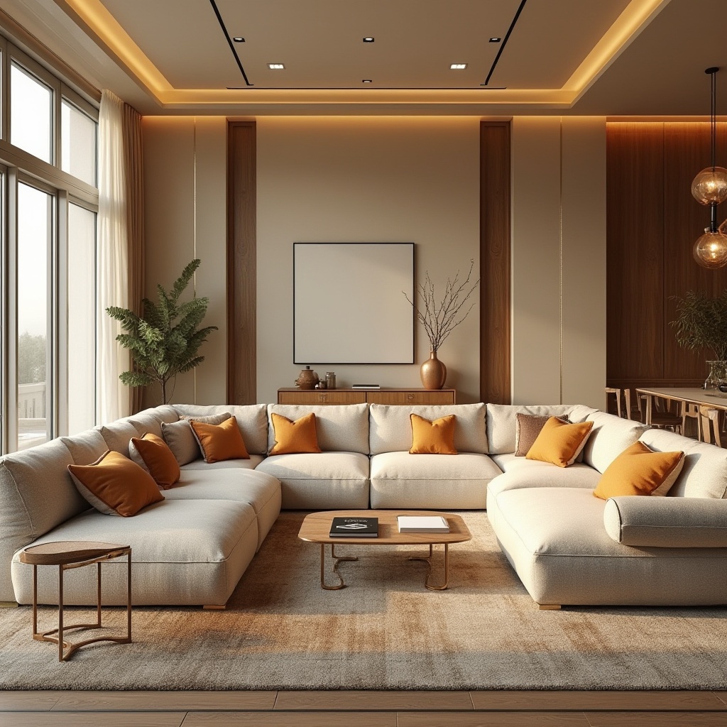 Prompt: Cozy living room, warm beige walls, plush sofas, vibrant throw pillows, natural wood accents, floor-to-ceiling windows, soft diffused lighting, elegant chandeliers, rich carpet textures, comfortable seating areas, intimate conversation nooks, calming color palette, minimalist decor, luxurious fabrics, metallic accents, modern furniture designs, spacious open layout, airy atmosphere, 1/1 composition, realistic reflections, ambient occlusion.