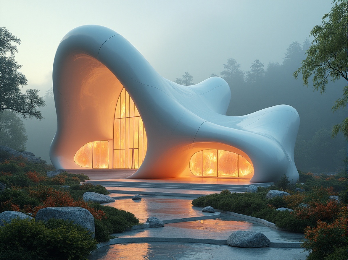 Prompt: Ethereal blob-like church, undulating curves, organic shapes, glowing stained glass windows, iridescent colors, futuristic architecture, curvaceous lines, smooth biomorphic forms, surreal ambiance, misty atmosphere, soft warm lighting, shallow depth of field, 3/4 composition, panoramic view, realistic textures, ambient occlusion, lush greenery, vibrant flowers, natural stone pathways, serene surroundings.