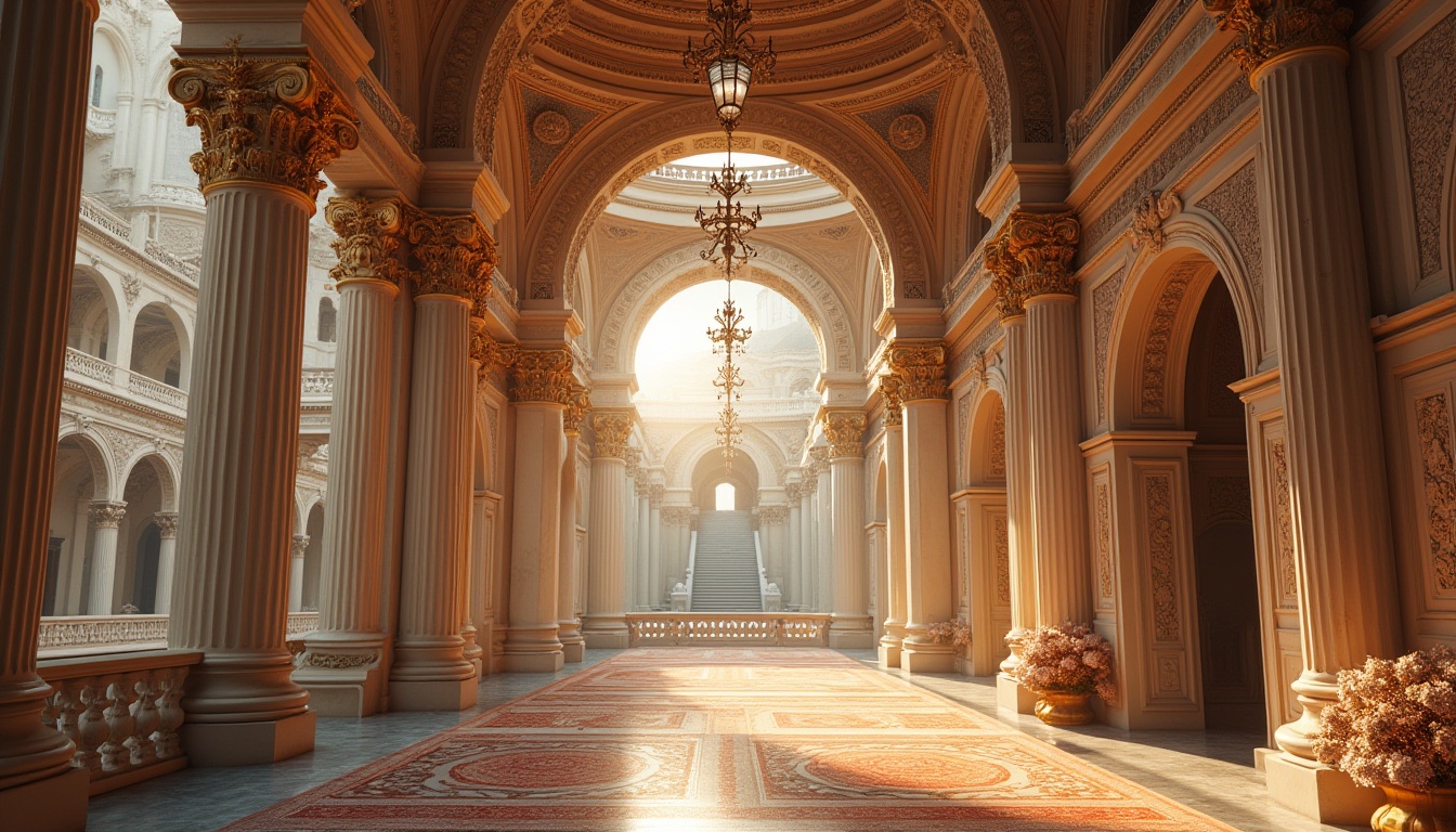 Prompt: Ornate columns, intricately carved capitals, grandiose archways, ornamental pilasters, symmetrical facades, rusticated stone walls, decorative entablatures, classical pediments, domed roofs, opulent chandeliers, lavish furnishings, richly patterned rugs, majestic staircases, sweeping balconies, Corinthian-inspired motifs, warm golden lighting, soft focus blur, 1/2 composition, atmospheric perspective, realistic marble textures.