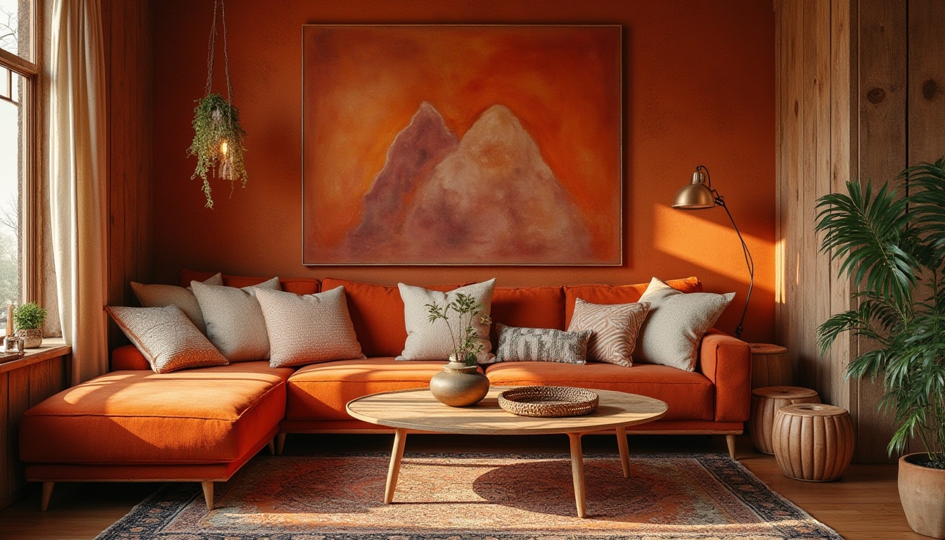 Prompt: Vibrant persimmon hues, warm golden tones, rich earthy reds, deep burnt oranges, soft creamy whites, rustic natural textures, distressed wooden accents, vintage metal fixtures, eclectic global patterns, bohemian-inspired decor, cozy intimate ambiance, warm inviting lighting, shallow depth of field, 1/1 composition, realistic renderings, ambient occlusion.