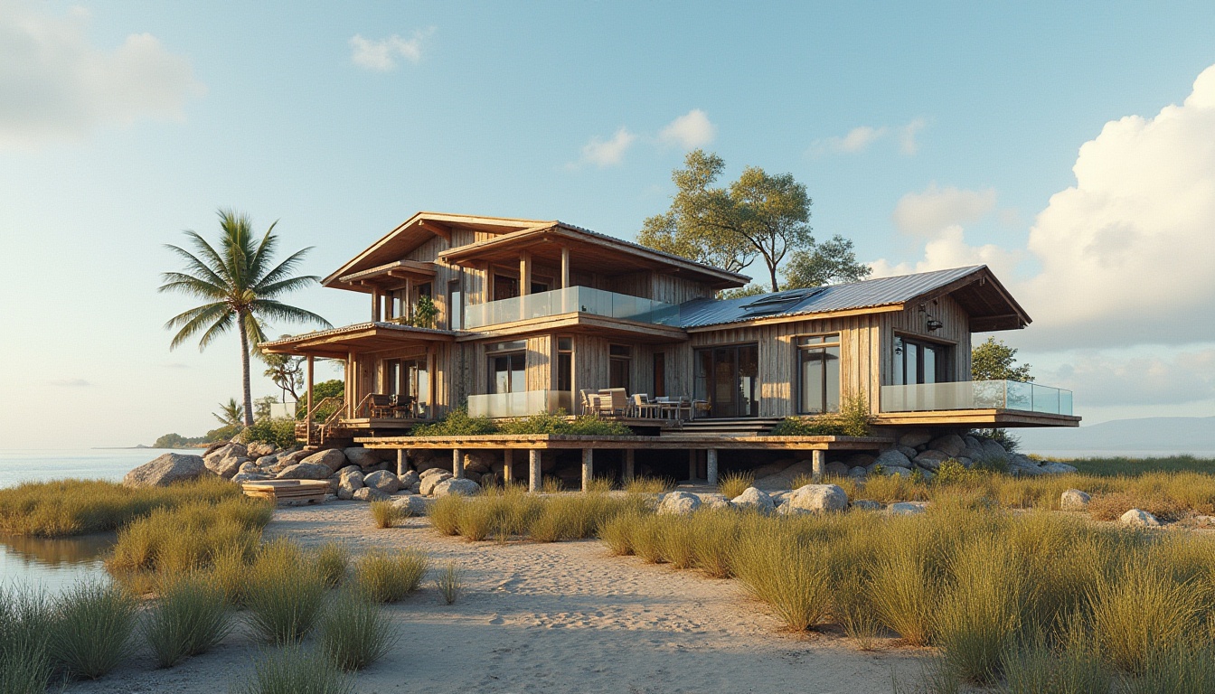 Prompt: Driftwood beach house, weathered wooden accents, corrugated metal roofs, large windows, ocean views, natural ventilation systems, solar panels, wind turbines, eco-friendly insulation materials, recycled glass walls, low-carbon concrete foundations, living shorelines, mangrove forests, tidal zones, sea breeze, warm sunny day, soft natural lighting, shallow depth of field, 3/4 composition, realistic textures, ambient occlusion.