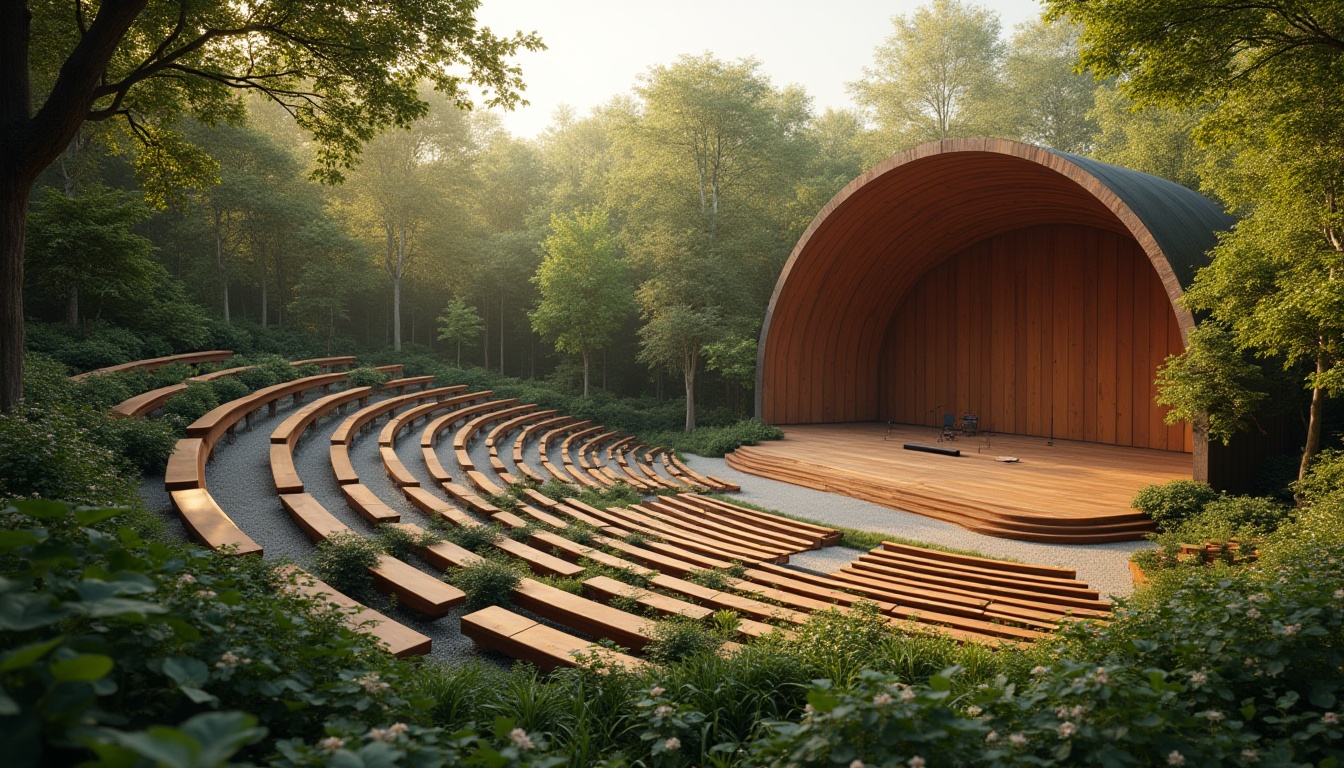 Prompt: Natural amphitheater setting, lush green surroundings, tiered seating areas, wooden benches, sound-absorbing materials, curved architecture, open-air performance space, warm summer evening, soft golden lighting, ambient crowd noise, 3/4 composition, shallow depth of field, realistic textures, subtle reflections, audio equipment integration, speaker placement optimization, sound wave diffusion, echo reduction systems, acoustic comfort zone design.