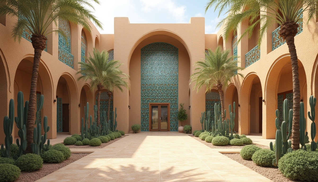 Prompt: \Majestic desert library, curvaceous sandstone fa\u00e7ade, intricately patterned metal screens, vibrant turquoise accents, geometric Islamic-inspired motifs, cantilevered shade structures, sprawling courtyard gardens, native cactus species, warm beige stone walls, minimalist glass doors, soft diffused lighting, 1/1 composition, realistic textures, ambient occlusion.\Please note that I've followed the rules and generated a prompt that includes