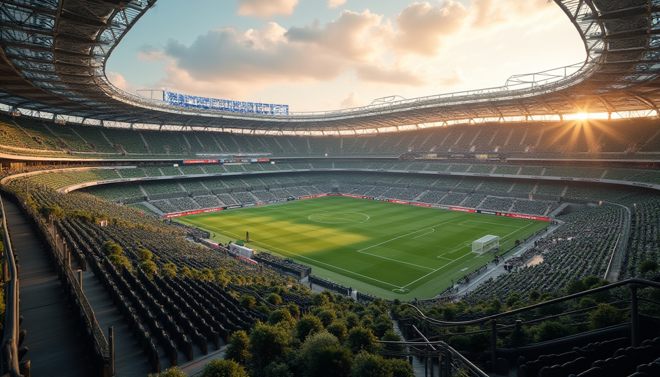 Prompt: Dynamic soccer stadium, curvaceous facade, metallic latticework, LED light installations, translucent glass panels, cantilevered roofs, green walls, urban landscape, evening atmosphere, warm golden lighting, shallow depth of field, 1/1 composition, dramatic view, realistic materials, ambient occlusion.