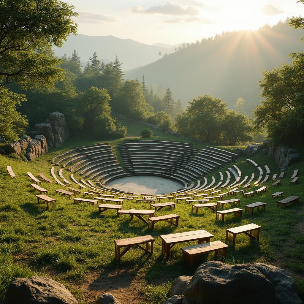 Prompt: Natural amphitheater setting, lush green hills, tiered seating, wooden benches, grassy lawns, tranquil atmosphere, warm sunlight, soft diffused lighting, 1/2 composition, intimate performance space, acoustic shell, sound reflective surfaces, absorptive materials, minimized echo, optimal speaker placement, clear sound projection, audience proximity, immersive experience, realistic audio rendering.