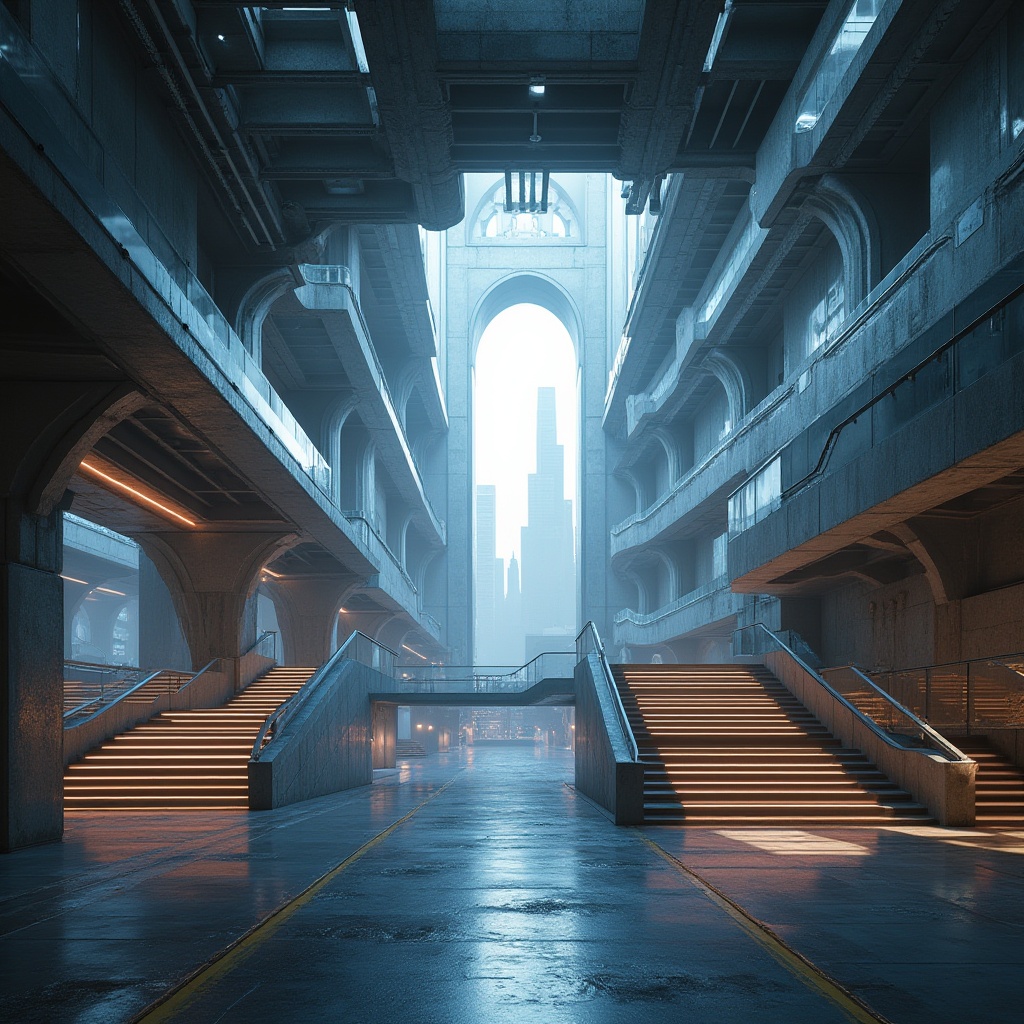 Prompt: Intricate bridges, angular arches, ornate columns, grand staircases, sweeping curves, minimalist railings, industrial metal beams, exposed ductwork, polished concrete floors, textured stone walls, vibrant LED lighting, dramatic shadows, cinematic composition, low-angle shot, atmospheric mist, futuristic urban landscape, bustling city streets, sleek skyscrapers.