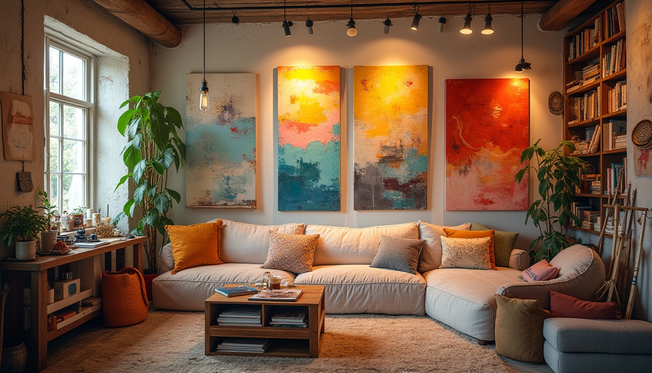 Prompt: Vibrant artistic studio, eclectic mix of colors, bold brushstrokes, textured canvases, abstract expressionism, warm golden lighting, soft pastel hues, rich jewel tones, creamy whites, deep charcoal grays, metallic accents, geometric patterns, organic shapes, bohemian-inspired decor, plush furnishings, cozy atmosphere, natural materials, earthy undertones, subtle gradient transitions, high-contrast highlights, atmospheric perspective, cinematic composition, dramatic shadows, 1/1 aspect ratio, soft focus blur.