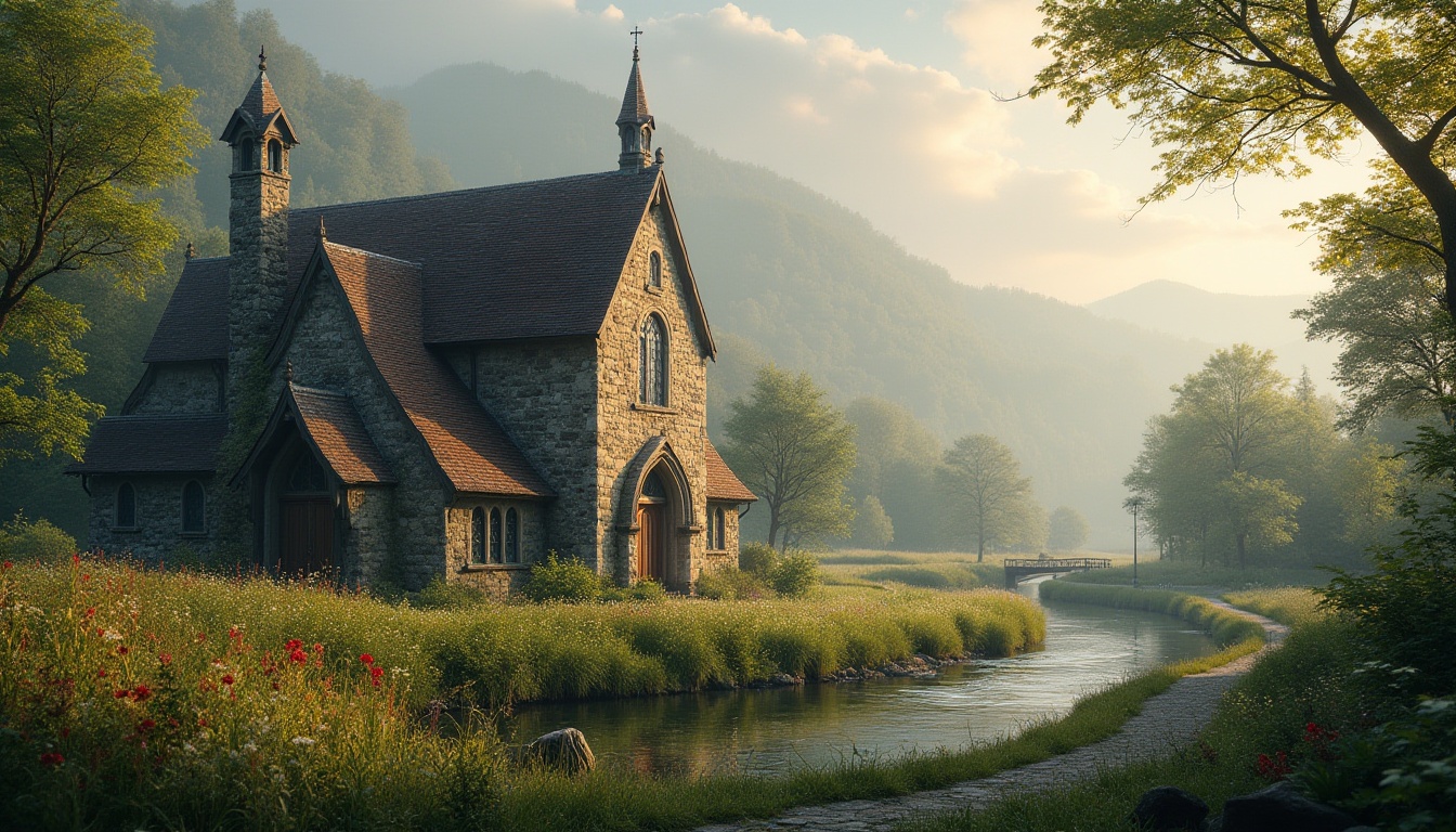 Prompt: \Rustic church exterior, weathered stone walls, stained glass windows, ornate steeples, lush greenery surroundings, vibrant wildflowers, serene natural atmosphere, soft warm lighting, misty morning fog, rolling hills landscape, meandering country roads, ancient trees canopy, tranquil water features, gentle water flow, subtle earth tones, harmonious color palette, symmetrical composition, 1/2 aspect ratio, shallow depth of field, realistic textures, ambient occlusion.\