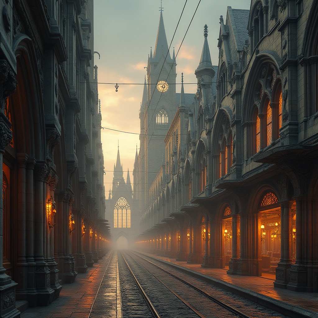 Prompt: Intricate tram station, captivating Gothic architecture, pointed arches, ribbed vaults, flying buttresses, grand entrance halls, ornate stone carvings, stained glass windows, majestic clock towers, imposing stone facades, dramatic lighting effects, misty atmospheric conditions, warm golden hour, low-angle shot, cinematic composition, hyper-realistic textures, detailed normal maps.