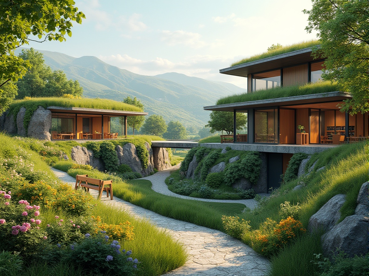 Prompt: Vibrant green roofs, lush vegetation, winding walking paths, natural stone walls, wooden benches, modern library architecture, large windows, sliding glass doors, cantilevered roofs, outdoor reading areas, shaded spaces, warm lighting, 3/4 composition, panoramic view, realistic textures, ambient occlusion, surrounded by rolling hills, serene landscape, distant mountain views, sunny day, gentle breeze, blooming flowers, verdant trees.