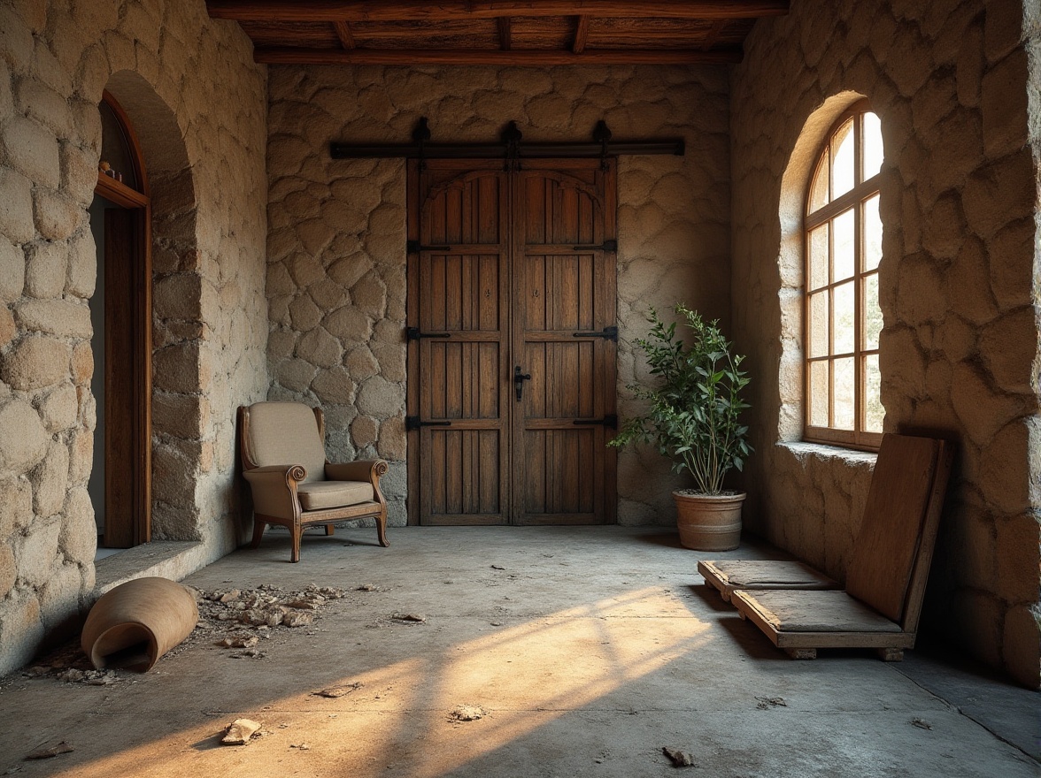 Prompt: Rustic stone walls, worn wooden planks, distressed metal panels, rough concrete floors, organic natural forms, earthy color palette, warm ambient lighting, shallow depth of field, 1/2 composition, detailed normal maps, realistic material properties, subtle texture variations, atmospheric perspective, cinematic camera angles, dramatic shadows, intricate architectural details.