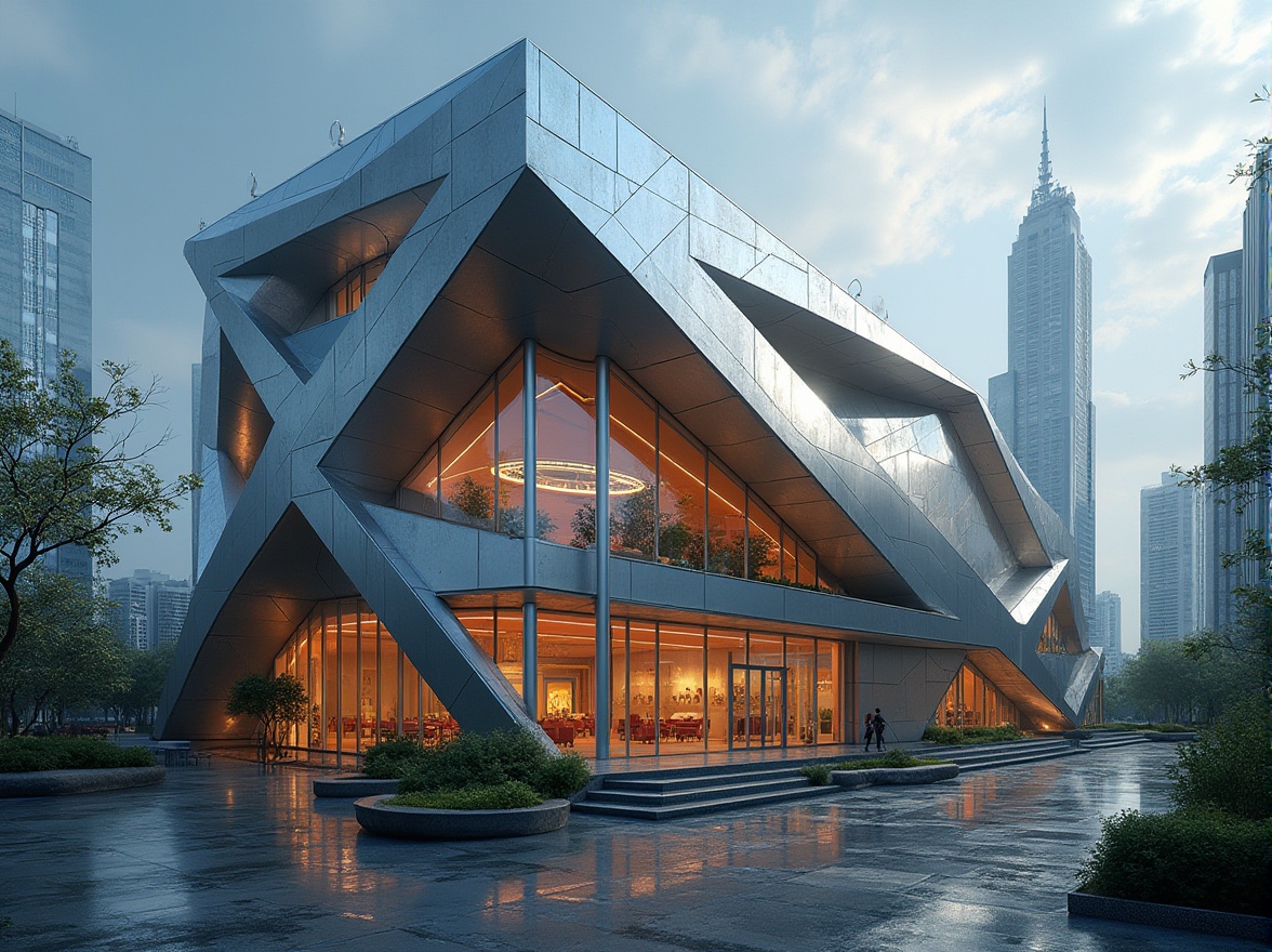 Prompt: Futuristic building facade, metallic aluminium cladding, industrial-chic design, sleek silver surfaces, high-tech architecture, modern cityscape, urban skyscraper, rooftop garden, angular lines, minimalist decor, sustainable energy solutions, solar panels, wind turbines, water conservation systems, green roofs, eco-friendly materials, innovative cooling technologies, shaded outdoor spaces, misting systems, vibrant neon lights, bustling metropolitan atmosphere, low-angle shot, dramatic backlighting.