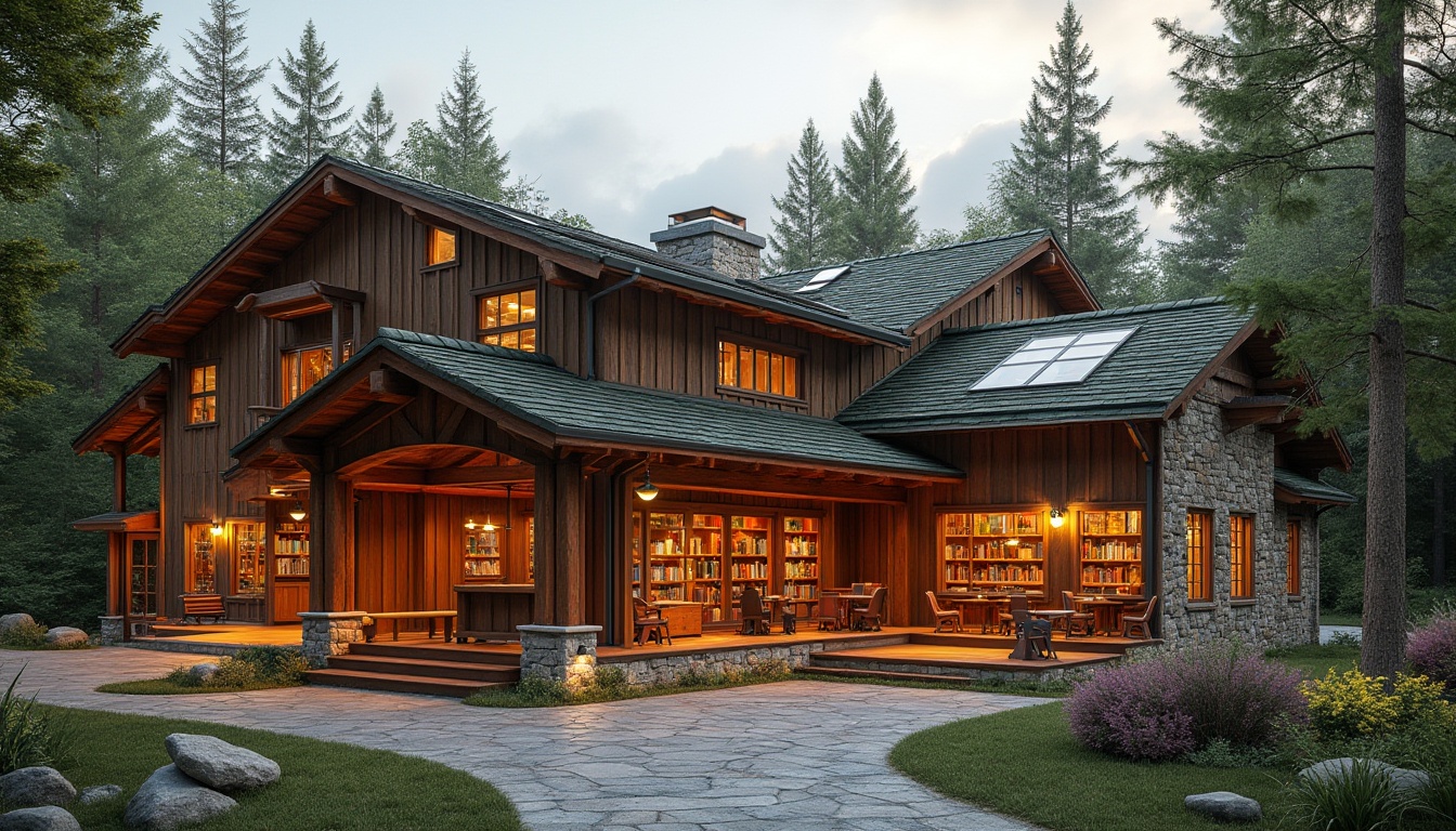 Prompt: Rustic library exterior, wooden accents, natural stone walls, pitched roofs, green roofs, solar panels, skylights, clerestory windows, modern vernacular architecture, gabled rooflines, overhanging eaves, wooden trusses, exposed beams, minimalist interior design, warm ambient lighting, cozy reading nooks, comfortable seating areas, rich wood tones, earthy color palette, serene atmosphere, soft natural light, 1/1 composition, shallow depth of field, realistic textures, ambient occlusion.