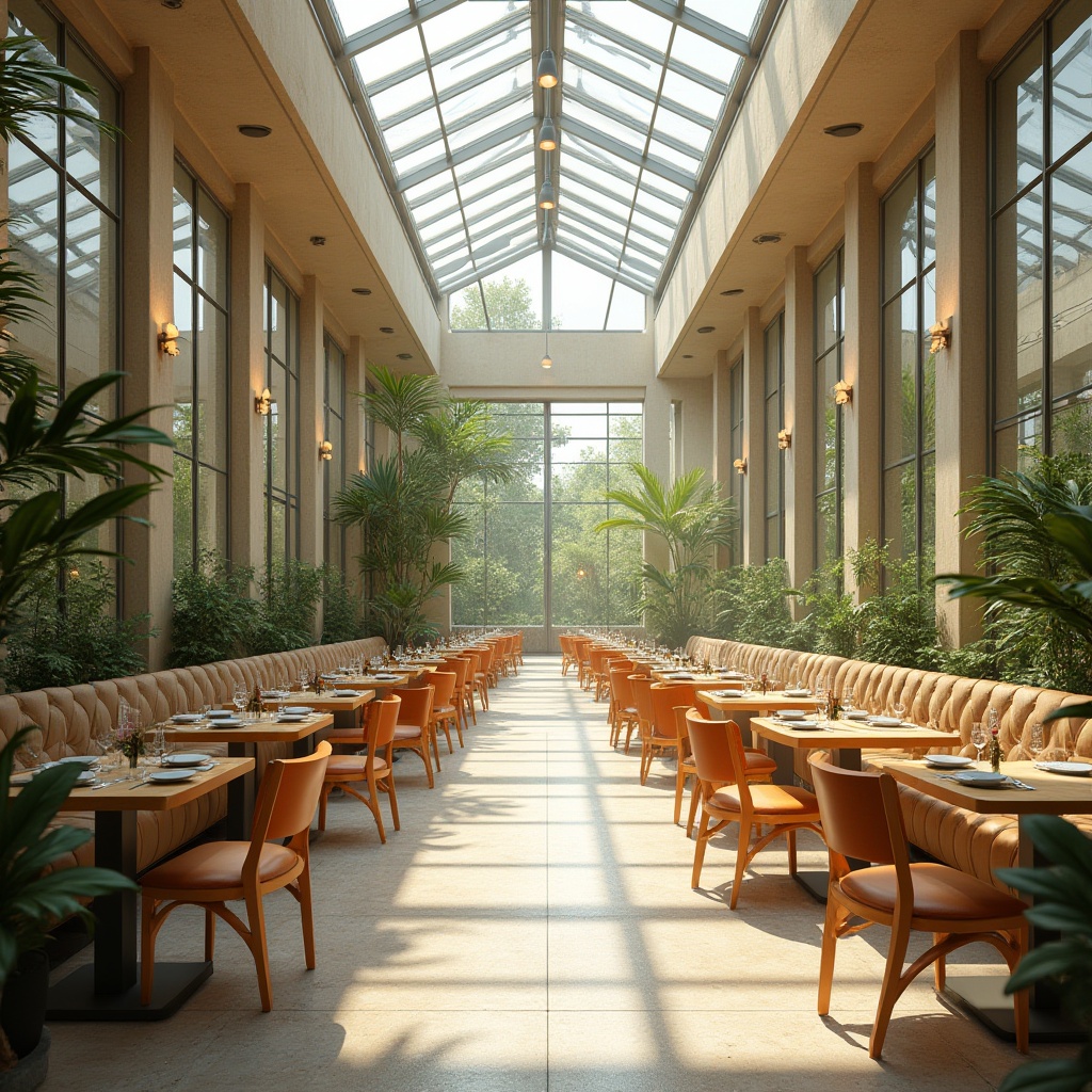 Prompt: Vibrant dining hall, floor-to-ceiling windows, transparent glass roofs, natural stone flooring, wooden tables, minimal ornamentation, reflective surfaces, clerestory windows, skylights, warm beige tones, earthy color palette, lush greenery, potted plants, soft diffused lighting, morning sunlight, shallow depth of field, 1/2 composition, realistic textures, ambient occlusion.