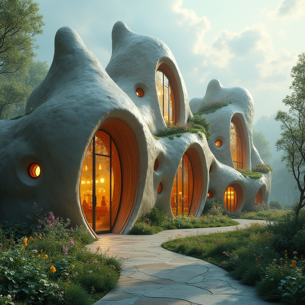 Prompt: Organic blob-like church, flowing curves, irregular shapes, natural stone walls, wooden accents, stained glass windows, vibrant colors, intricate patterns, futuristic architecture, sustainable design, green roofs, living walls, bioluminescent lighting, soft misty atmosphere, shallow depth of field, 1/1 composition, realistic textures, ambient occlusion.