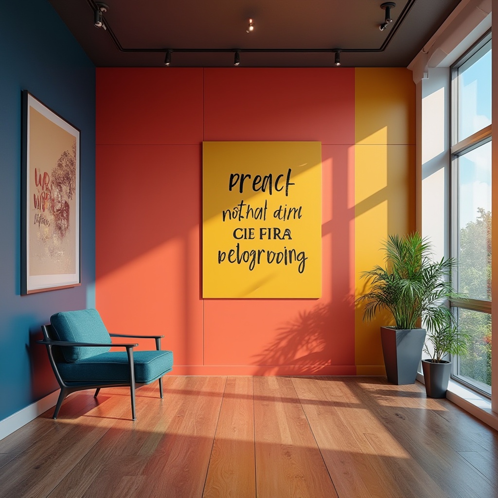 Prompt: Vibrant motivational environment, bold font typography, bright coral walls, contrasting deep blue accents, energizing yellow highlights, sleek metallic surfaces, polished wooden floors, uplifting quotes, inspirational images, modern minimalist decor, ample natural light, soft warm glow, shallow depth of field, 1/1 composition, realistic textures, ambient occlusion.