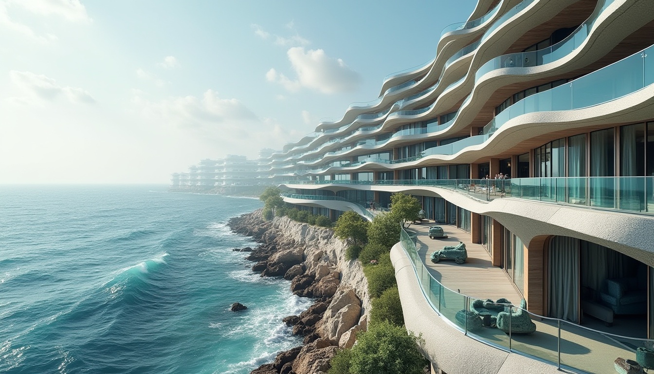 Prompt: Wavy coastal lines, ocean-inspired architecture, coral-patterned facades, iridescent glass, undulating balconies, sea-breeze-weathered wood, nautical-themed railings, driftwood accents, beachy Keeneland-style buildings, modern sustainable materials, energy-harvesting systems, tidal-powered generators, wind-resistant structures, storm-proof windows, salty-air-weathered metals, ocean-blue color schemes, seaside promenade views, misty morning lighting, shallow depth of field, 1/2 composition, realistic wave simulations.