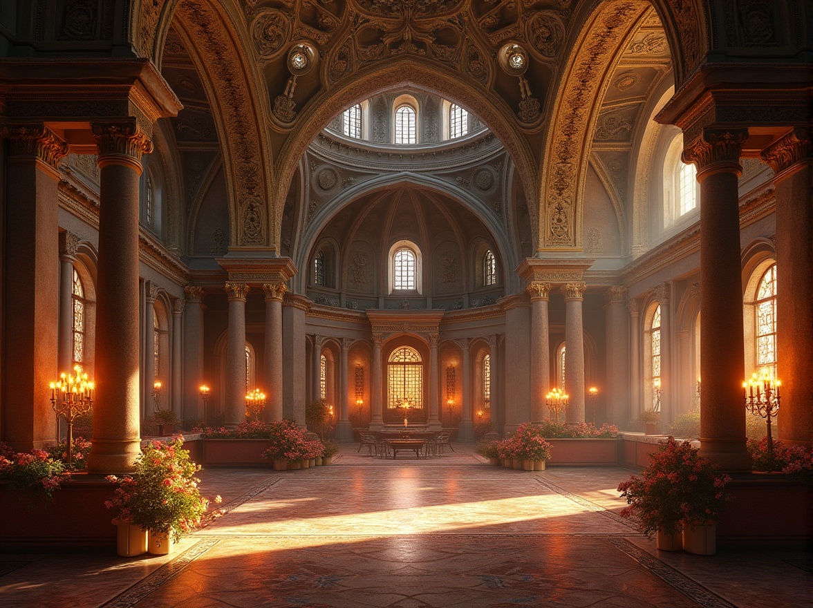 Prompt: Grand Byzantine cathedral, ornate arches, intricate stone carvings, golden mosaics, vaulted ceilings, majestic domes, ornamental columns, lavish furnishings, rich textiles, warm candlelight, mystical ambiance, 1/1 composition, symmetrical framing, dramatic shadows, realistic reflections.