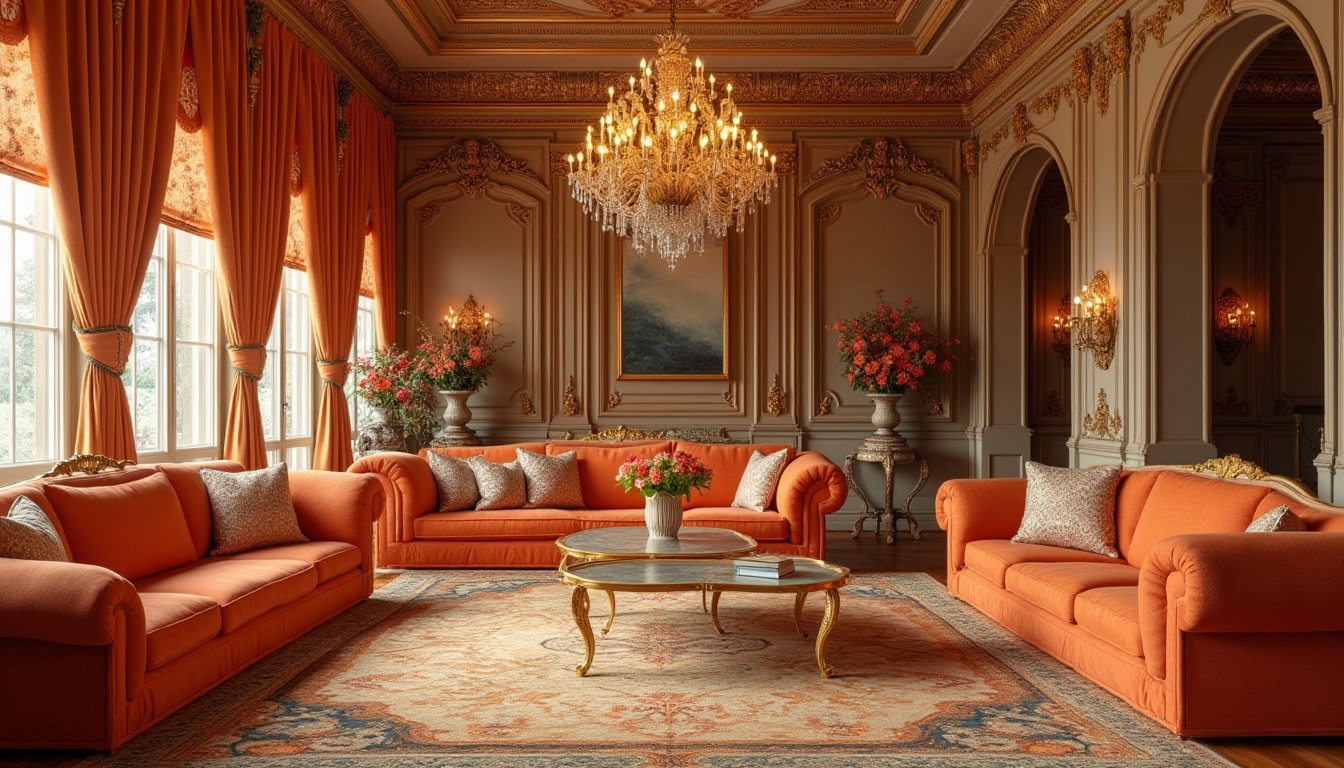 Prompt: Vibrant persimmon orange, warm golden hues, rich earthy tones, soft creamy whites, deep charcoal grays, luxurious velvet textures, ornate baroque patterns, intricate florals, lavish furnishings, opulent chandeliers, grandiose architectural details, majestic high ceilings, lavish drapery, regal ambiance, warm soft lighting, 1/2 composition, shallow depth of field, realistic reflections.