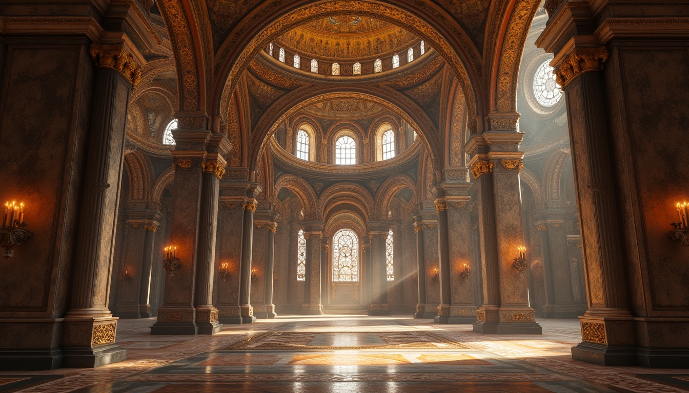 Prompt: Byzantine arches, ornate carvings, intricate mosaics, golden domes, sacred religious symbols, grand entranceways, imposing stone walls, ornamental columns, majestic vaulted ceilings, warm candlelight, soft mystical ambiance, shallow depth of field, 3/4 composition, realistic textures, ambient occlusion.