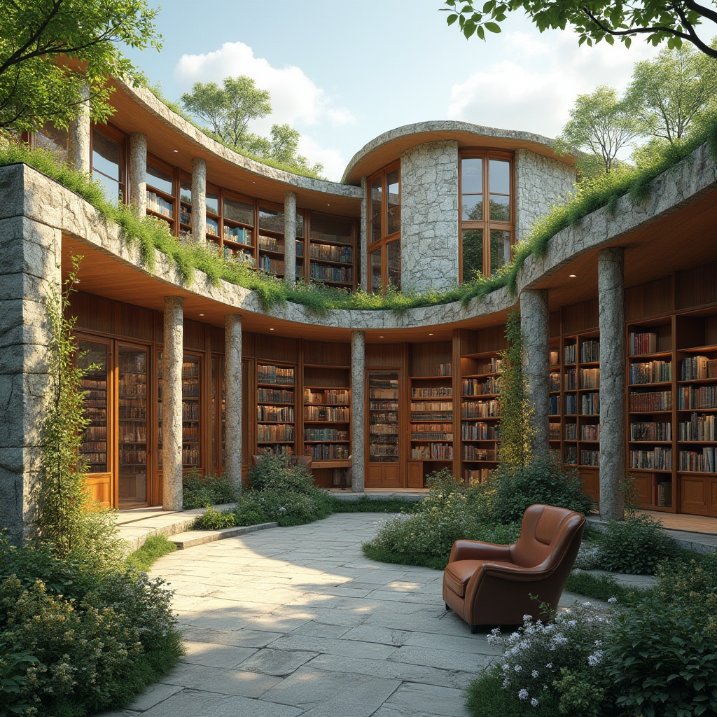 Prompt: Elegant library exterior, curved rooflines, green roofs, natural stone walls, large windows, clerestory windows, open floor plans, high ceilings, wooden shelves, bookshelves, reading nooks, comfortable seating areas, soft warm lighting, natural ventilation systems, operable windows, solar chimneys, wind towers, shading devices, overhangs, atriums, inner courtyards, lush greenery, blooming plants, sunny day, shallow depth of field, 3/4 composition, realistic textures, ambient occlusion.