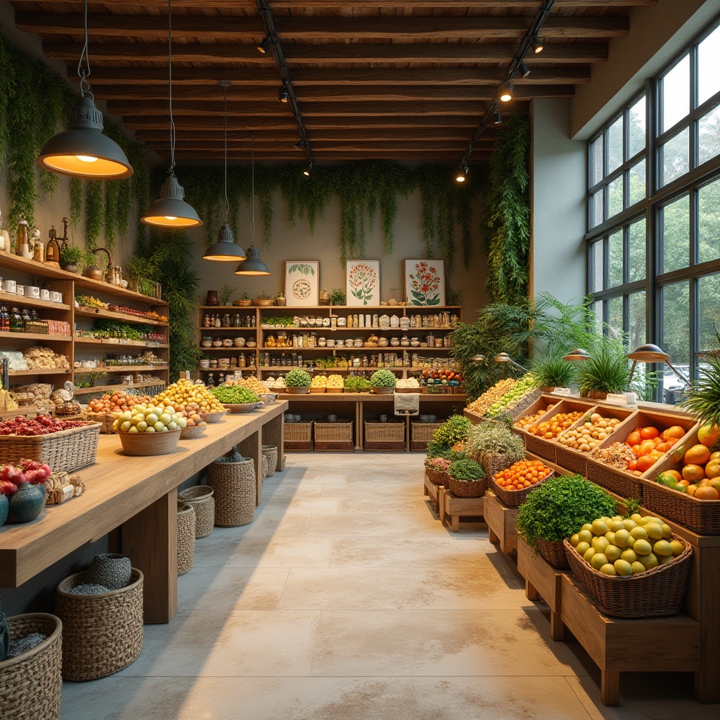 Prompt: Earth-toned grocery store interior, reclaimed wood accents, living green walls, natural stone flooring, organic produce stands, woven baskets, rattan shelving, earthy ceramics, botanical prints, warm soft lighting, shallow depth of field, 3/4 composition, panoramic view, realistic textures, ambient occlusion.