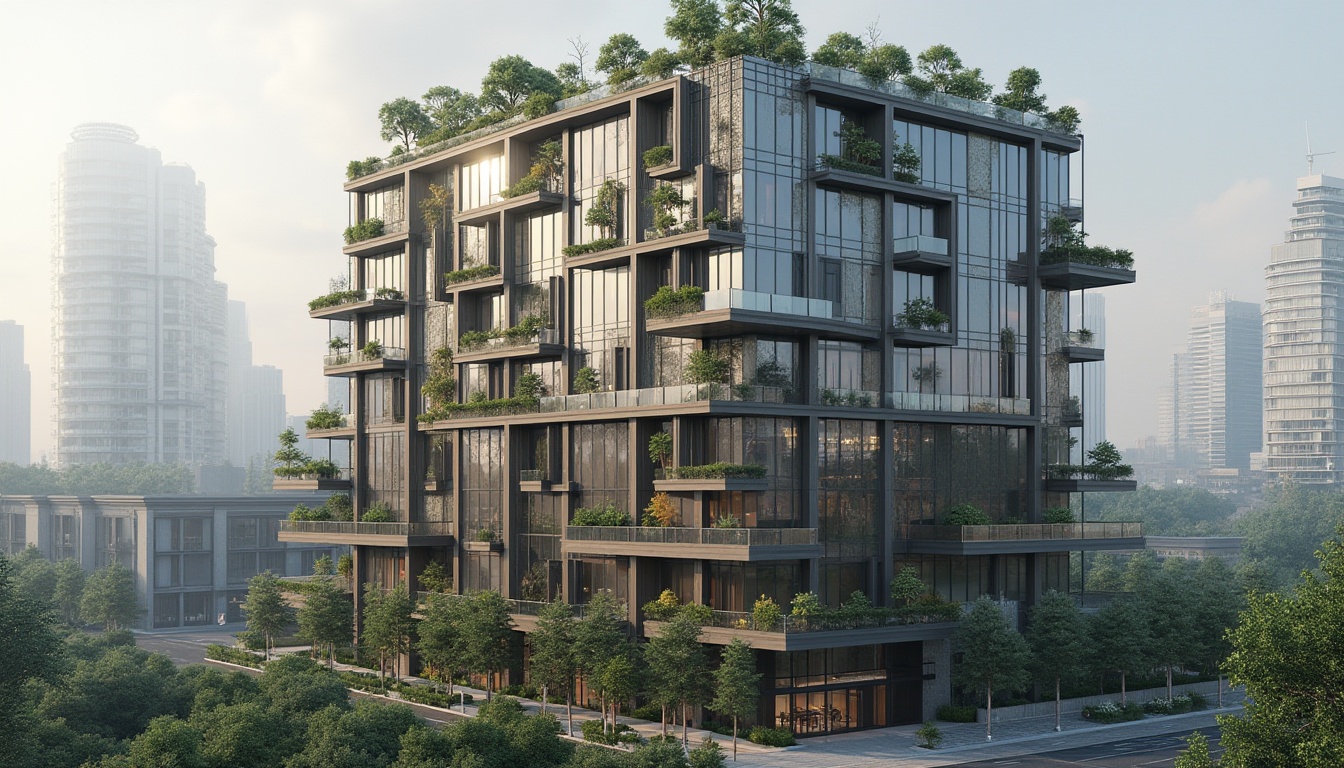 Prompt: Modern building facade, sleek glass curtain walls, metallic frames, minimalist ornamentation, subtle texture variations, earthy color palette, natural stone accents, cantilevered balconies, green roofs, vertical gardens, urban cityscape, cloudy sky, soft diffused lighting, 1/1 composition, shallow depth of field, realistic material reflections.