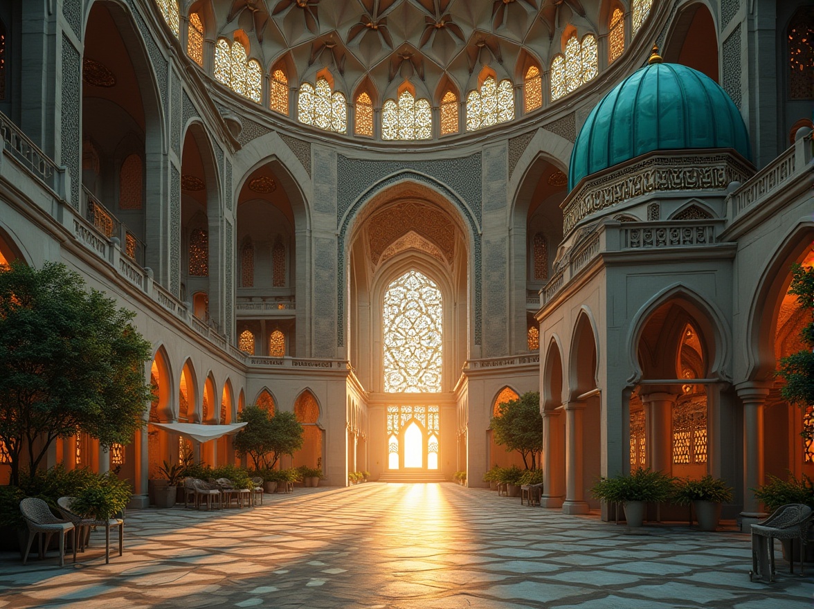 Prompt: Intricate Islamic geometric patterns, grand mosque architecture, majestic minarets, stunning stained glass windows, ornate archways, vibrant turquoise domes, sacred prayer halls, serene interior courtyards, lush greenery, natural stone walls, modern LED lighting, dramatic shadows, 1/1 composition, realistic textures, ambient occlusion, warm golden hour, soft focus, shallow depth of field.