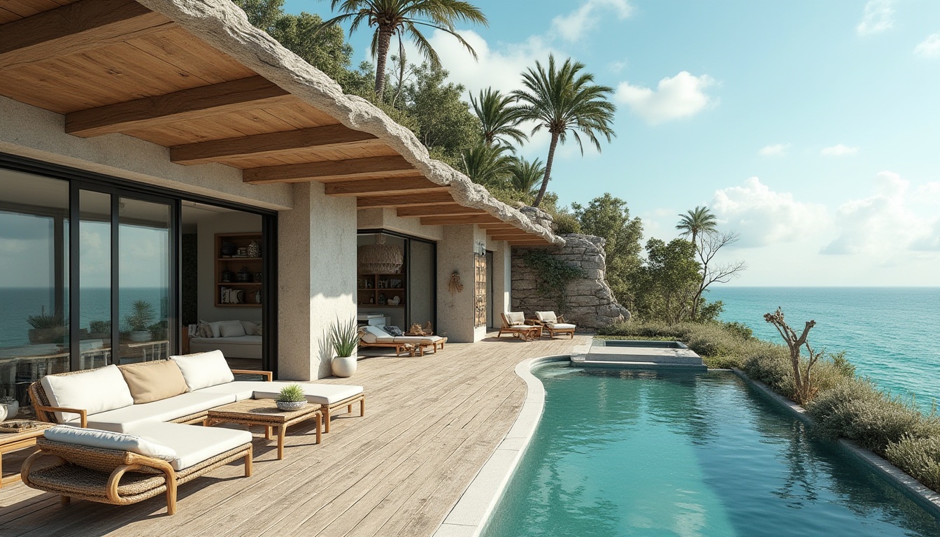 Prompt: Coastal villa, driftwood accents, reclaimed wooden decks, weathered steel railings, sea-battered stone walls, ocean-inspired color palette, calming turquoise hues, crisp white trim, salt-resistant glass windows, sliding doors, beachy textiles, natural fiber upholstery, woven rattan furniture, coral-patterned ceramics, eco-friendly roofing materials, solar panels, wind turbines, rainwater harvesting systems, grey water reuse, green roofs, living walls, vertical gardens, ocean views, dramatic sea storms, warm sunny days, soft diffused lighting, shallow depth of field, 3/4 composition.