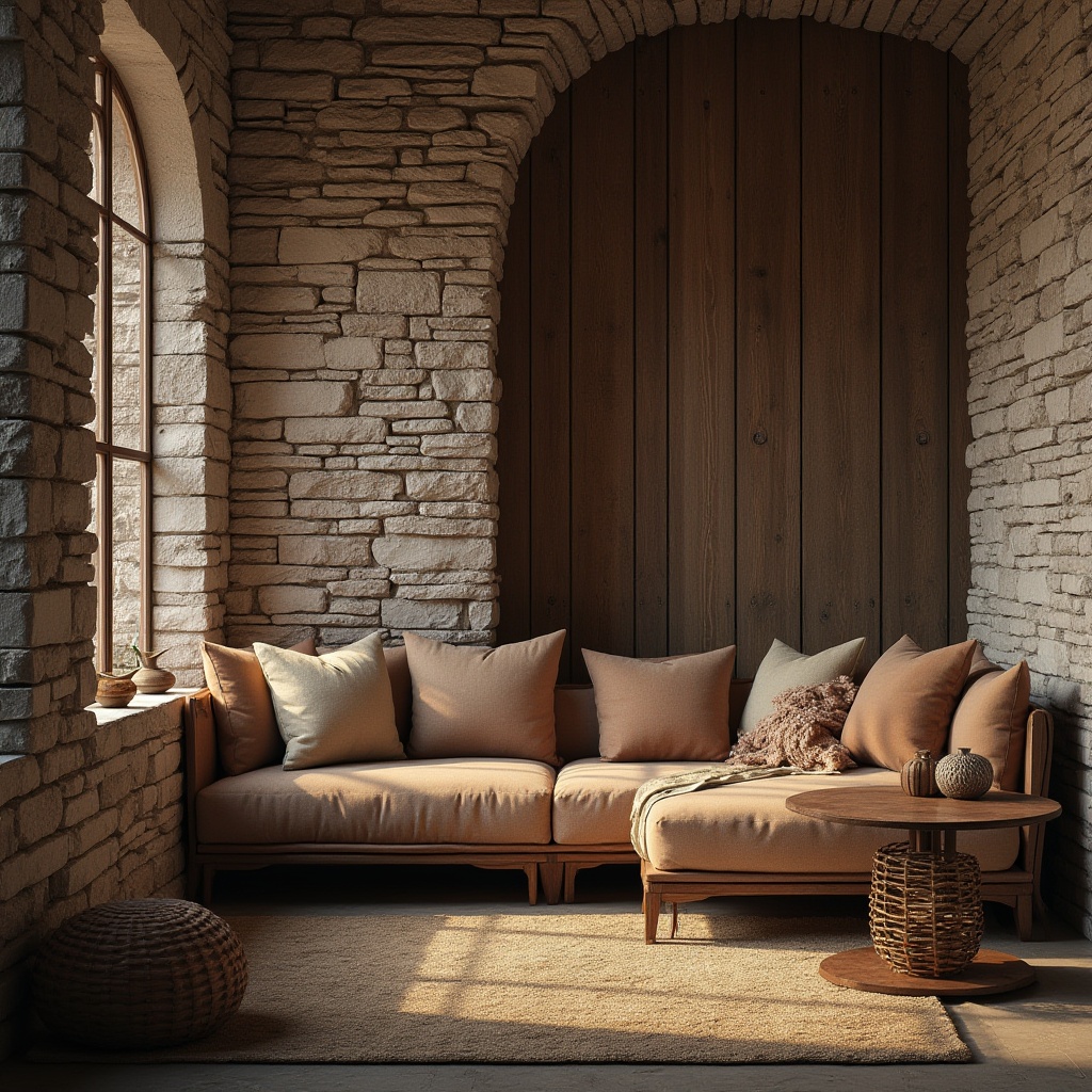 Prompt: Richly textured stone walls, rough-hewn wooden planks, smooth metallic surfaces, velvety soft upholstery, intricately patterned ceramics, translucent glass accents, woven natural fibers, distressed leather finishes, ornate carved details, subtle gradient effects, warm ambient lighting, shallow depth of field, 1/1 composition, realistic material rendering, atmospheric perspective.