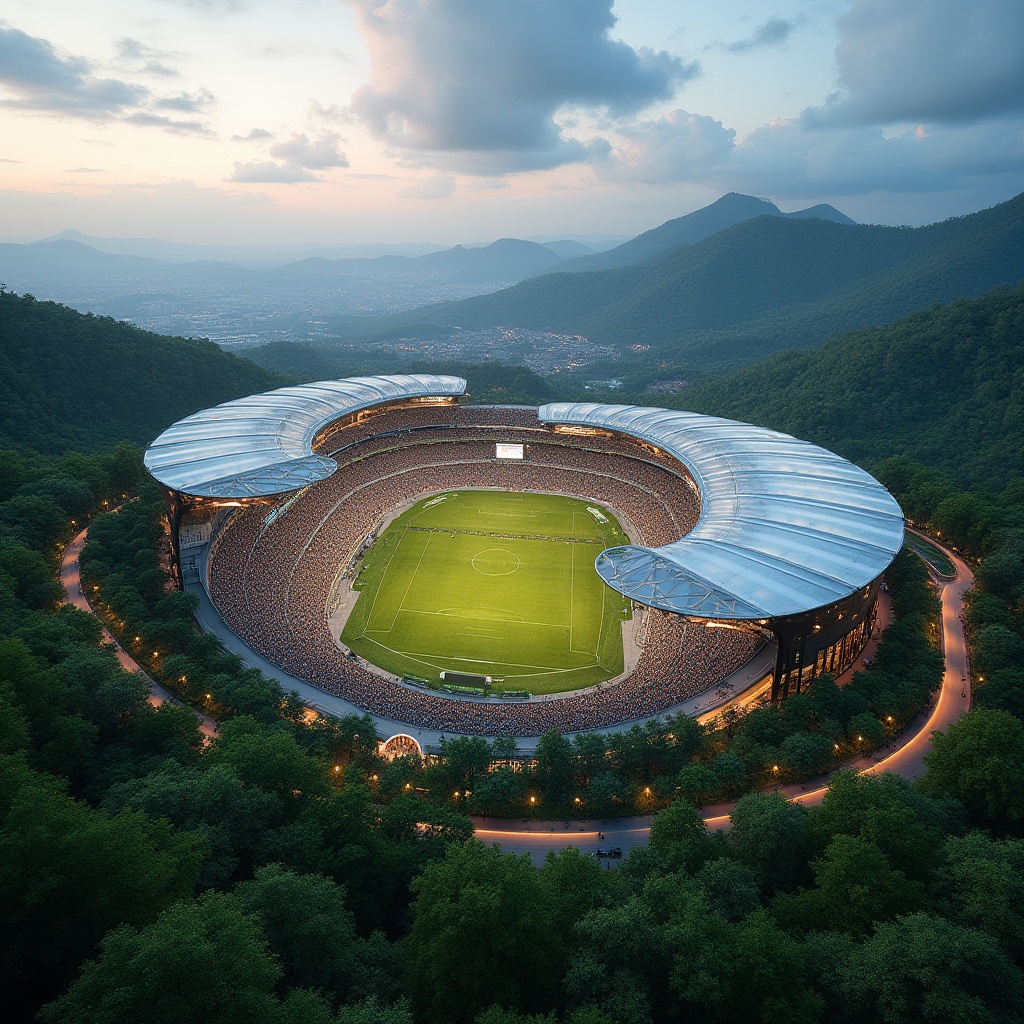 Prompt: Panoramic stadium view, lush greenery, rolling hills, natural stone walls, curved architecture, sleek metal structures, transparent roofs, vibrant LED lighting, evening ambiance, shallow depth of field, 3/4 composition, realistic textures, ambient occlusion, integrated landscape design, organic shapes, water features, walking trails, native plant species, eco-friendly materials, sustainable drainage systems, scenic overlooks, public art installations, dynamic crowd scenes, festive atmosphere.