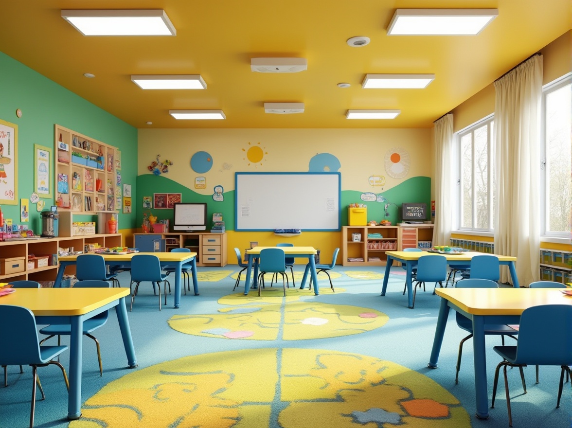 Prompt: Vibrant kindergarten classroom, playful wall murals, bright yellow tables, blue ergonomic chairs, green educational posters, colorful rug patterns, wooden shelves, interactive whiteboards, softbox lighting, shallow depth of field, 3/4 composition, panoramic view, realistic textures, ambient occlusion.