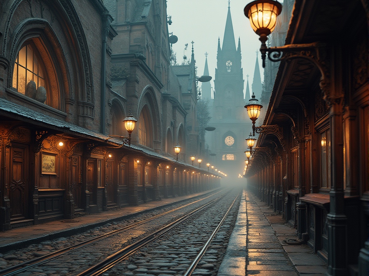 Prompt: Intricate tram station, captivating Gothic arches, ribbed vaults, flying buttresses, grand entrance halls, ornate stone carvings, stained glass windows, majestic clock towers, intricate metalwork, rusty industrial textures, vintage lamp posts, foggy misty atmosphere, soft warm lighting, shallow depth of field, 1/2 composition, symmetrical framing, realistic ambient occlusion.