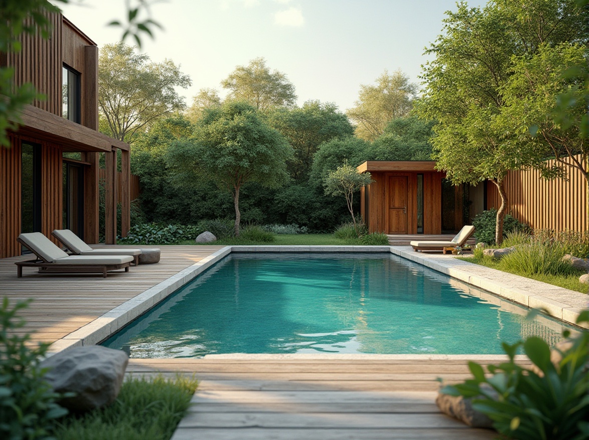 Prompt: Eco-friendly poolside area, lush greenery, natural stone decking, reclaimed wood fencing, energy-efficient pumps, solar-powered heating systems, saltwater chlorination, minimalist modern architecture, curved lines, sustainable building materials, low-VOC paints, FSC-certified wooden structures, tranquil ambiance, soft warm lighting, shallow depth of field, 3/4 composition, panoramic view, realistic textures, ambient occlusion.