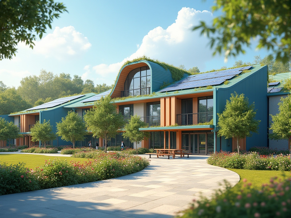 Prompt: Vibrant middle school building, sloping green roofs, lush vegetation, solar panels, modern architecture, curved lines, futuristic design, durable metal materials, weather-resistant surfaces, skylights, natural lighting, airy atriums, colorful exterior walls, educational signage, outdoor learning spaces, shaded walkways, bench seating areas, blooming flowers, sunny day, soft warm lighting, shallow depth of field, 3/4 composition, panoramic view, realistic textures, ambient occlusion.