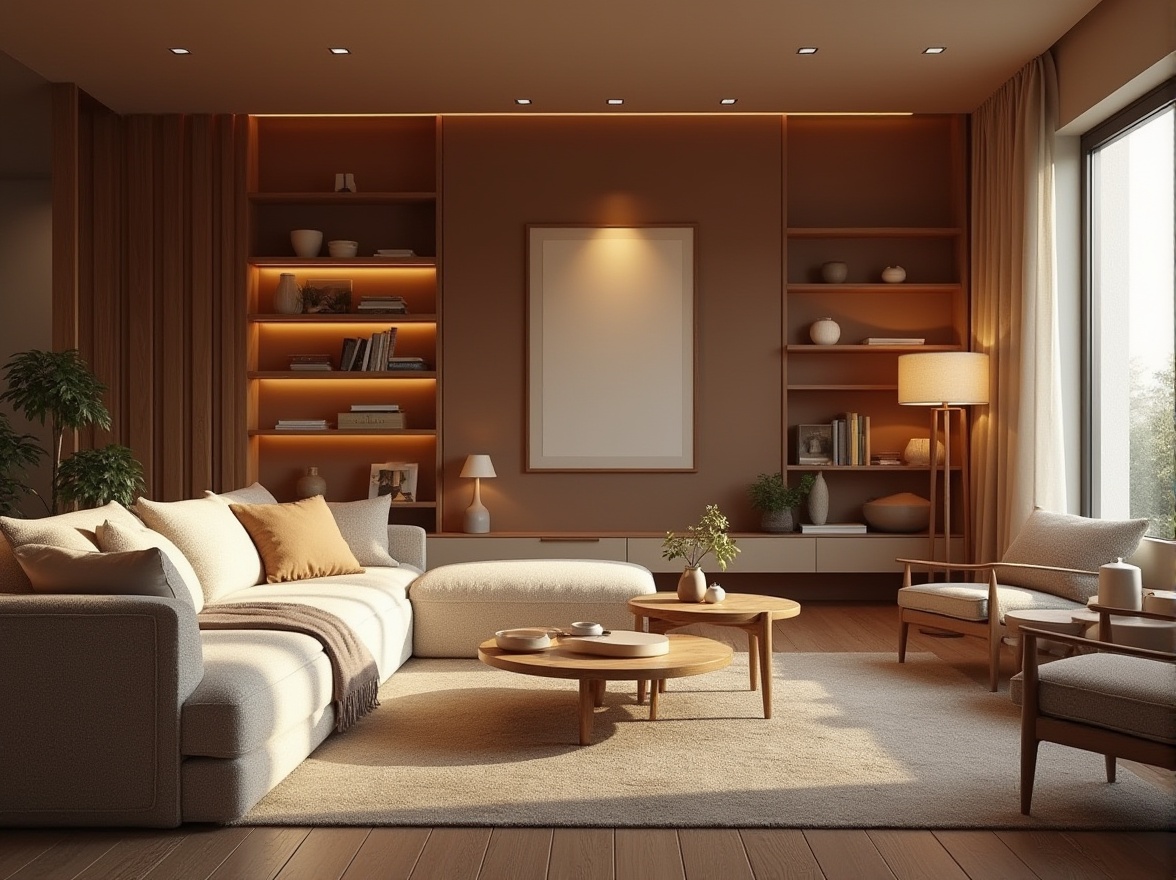 Prompt: Cozy living room, plush sofas, warm earthy tones, wooden flooring, minimal decor, functional shelving units, built-in storage solutions, modern coffee tables, floor lamps, comfortable seating areas, intimate ambiance, soft warm lighting, shallow depth of field, 1/1 composition, realistic textures, ambient occlusion.