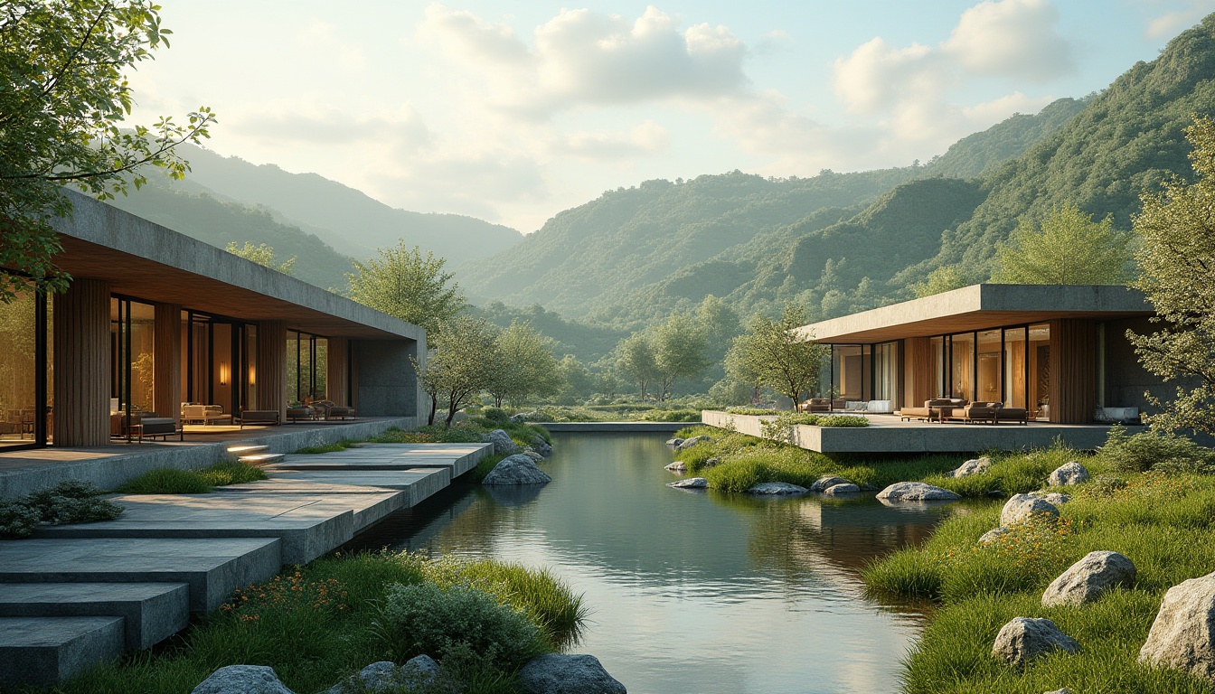 Prompt: Scenic hills, rolling greens, serene water features, modern architectural designs, sleek glass facades, minimalist lines, natural stone walls, wooden accents, lush vegetation, blooming flowers, tranquil atmosphere, soft warm lighting, shallow depth of field, 3/4 composition, panoramic view, realistic textures, ambient occlusion.