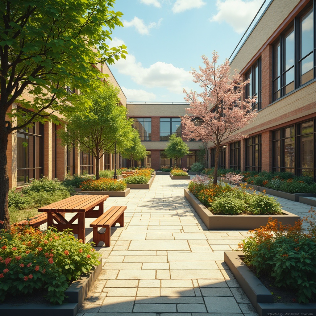 Prompt: Vibrant student courtyard, lush greenery, colorful flowers, outdoor seating areas, wooden benches, educational signs, natural stone pathways, modern architectural design, large windows, glass doors, blooming trees, sunny day, soft warm lighting, shallow depth of field, 3/4 composition, panoramic view, realistic textures, ambient occlusion, youthful atmosphere, social gathering spaces, recreational facilities, outdoor gym equipment, basketball courts, ping-pong tables, vibrant murals, inspirational quotes.